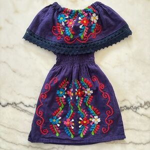 Traditional Mexican Purple dress With  Embroidered floral embroidery Size2